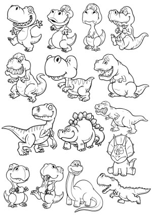 Cute Cartoon Dinosaur and T-Rex Line Art Illustrations Free Vector