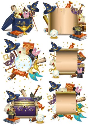 Magic and Wizardry Themed Decorative Vector Elements with Scrolls and Accessories Free Vector