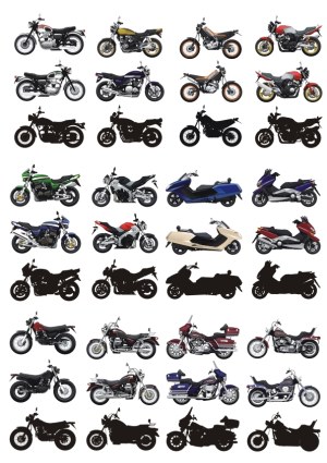 Detailed Vector Set of Various Motorcycle Types with Silhouettes Free Vector