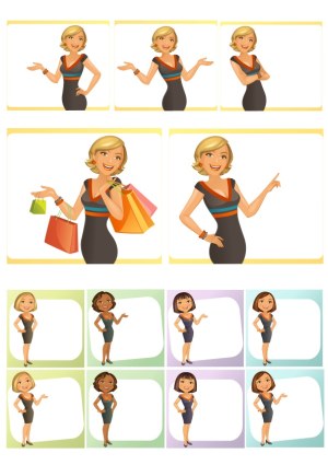 Vector Women with Various Poses and Shopping Bags with Blank Text Boxes Free Vector