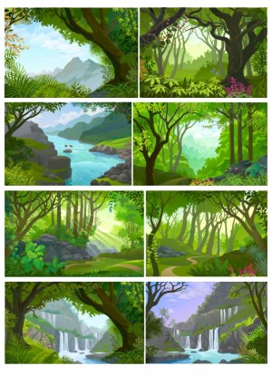 Set of Eight Detailed Vector Illustrations of Lush Forest and Waterfall Landscapes Free Vector
