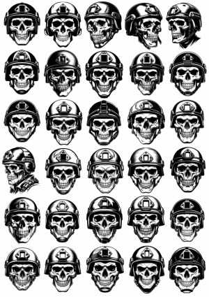 Collection of Black and White Skull Illustrations Wearing Various Military Helmets Free Vector