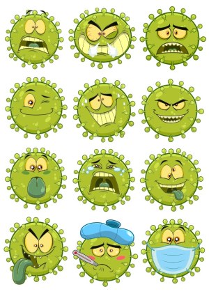 Cartoon Virus Characters with Various Facial Expressions and Illness Symptoms Free Vector