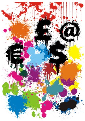 Colorful Paint Splatter with Money and Email Symbols Free Vector