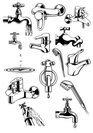 Black and White Vector Set of Various Water Faucets and Shower Heads Free Vector