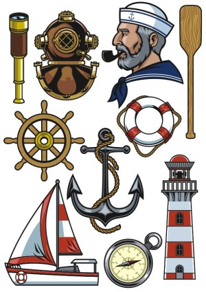 Nautical Vector Icon Collection with Sailor and Maritime Equipment Free Vector