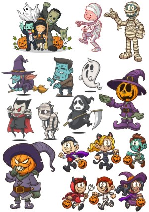 Cartoon Halloween Characters and Kids in Costumes Vector Set Free Vector