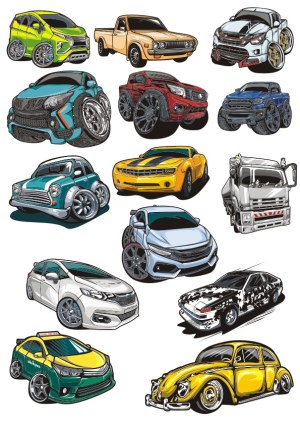 Collection of Stylized Cartoon Cars and Trucks Vector Set Free Vector