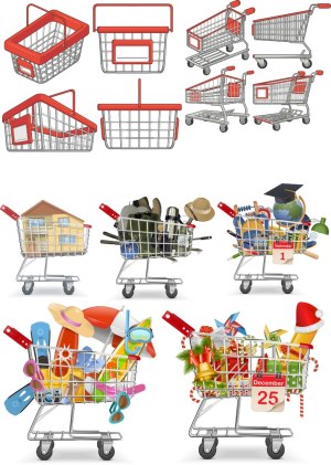 Shopping Baskets and Carts with Various Themed Contents Free Vector