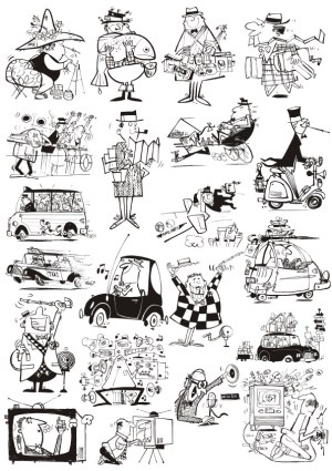 Retro Black and White Cartoon Characters in Various Travel and Media Scenarios Free Vector