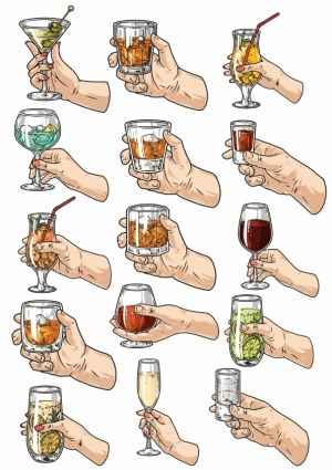 Hand Holding Various Cocktail and Drink Glasses Vector Set Free Vector