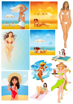 Vector Illustrations of Women Relaxing and Enjoying at the Beach Free Vector
