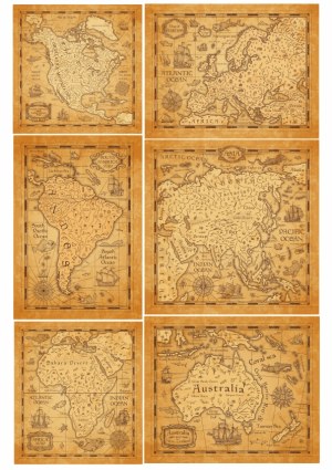 Vintage Style Antique World Map Set of Continents Free Vector