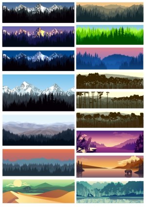 Vector Set of Mountain and Forest Landscapes in Different Styles and Times of Day Free Vector