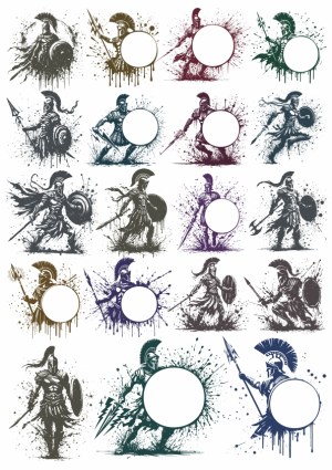 Grunge Spartan Warrior Silhouettes with Round Frames Free Vector