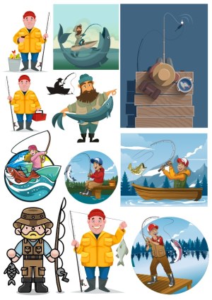 Collection of Fishing-Themed Vector Illustrations Featuring Various Fishermen and Fish Free Vector