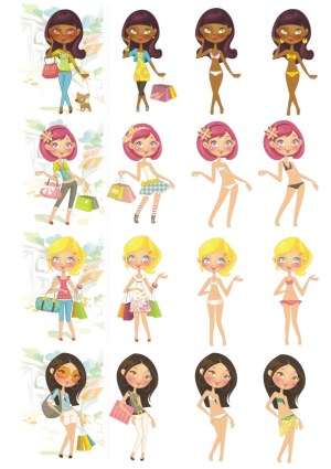 Vector Set of Fashionable Women Characters with Shopping Bags and Swimwear Free Vector