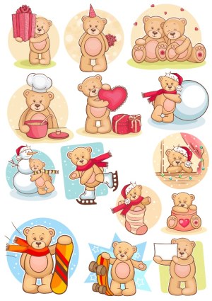Cute Teddy Bears in Various Seasonal and Holiday Activities Free Vector