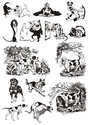 Black and White Dog Illustrations in Various Poses and Styles Free Vector