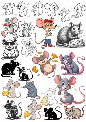 Collection of Cartoon and Realistic Mouse and Rat Illustrations with Cheese Free Vector