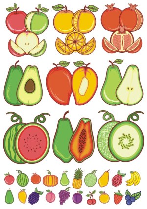 Hand-Drawn Vector Set of Whole and Halved Fruits with Leaf Details Free Vector