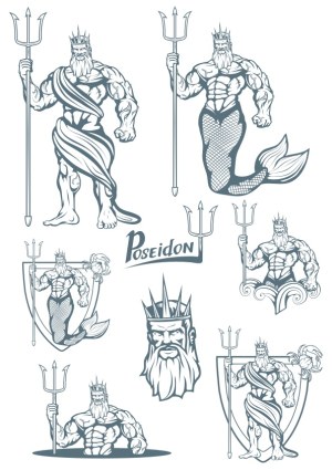 Vector Illustrations of Poseidon with Trident and Crown Free Vector