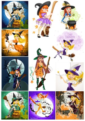 Cute Halloween Witches Flying and Casting Spells Vector Collection Free Vector