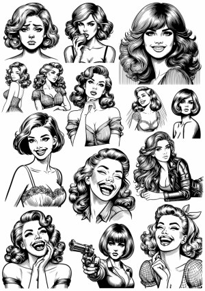 Black and White Retro Women Portraits and Expressions Vector Set Free Vector