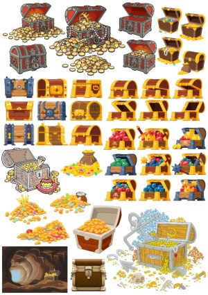 Collection of Treasure Chest Vectors with Gold Coins and Jewels Free Vector