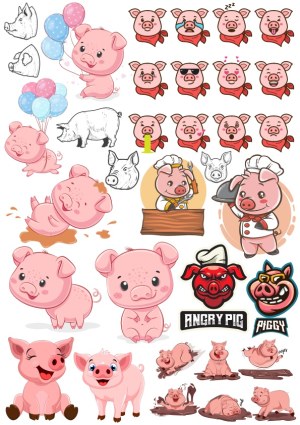 Cute and Expressive Pig Vector Collection with Emoticons and Cartoon Styles Free Vector