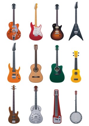 Set of 12 Different Guitar and String Instrument Vectors Free Vector