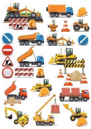 Construction Vehicles, Equipment, and Road Signs Vector Set Free Vector