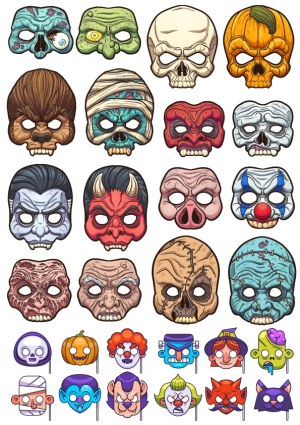 Set of Halloween Horror Masks and Cartoon Characters Free Vector