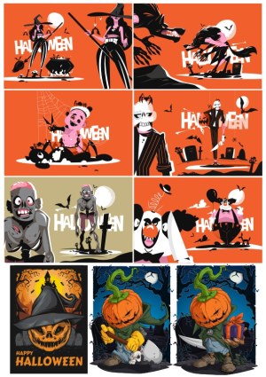 Set of Vintage Style Halloween Characters and Scenes Vector Illustrations Free Vector