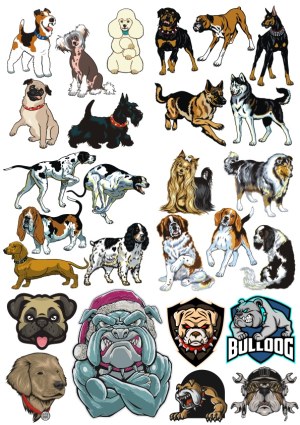 Various Dog Breeds and Bulldog Mascot Vector Illustrations Free Vector