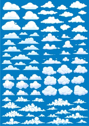 Collection of Various Cartoon-Style White Cloud Vectors on Blue Background Free Vector