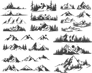 Mountain and Pine Tree Vector Illustrations Collection Free Vector