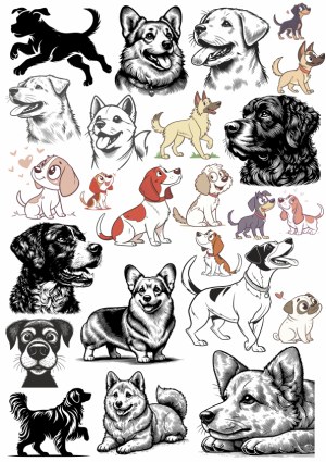 Collection of Various Dog Breeds Illustrations and Cartoon Vectors Free Vector