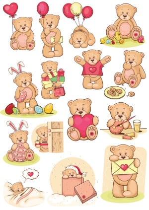 Cute Brown Teddy Bears in Various Activities and Holiday Themes Free Vector