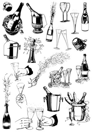 Vintage Champagne Bottles and Glasses Vector Set Free Vector