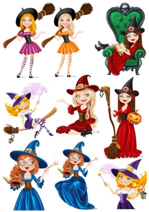 Collection of Cartoon Female Witches in Various Poses Free Vector