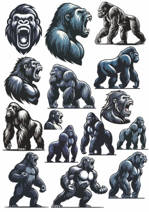 Collection of Strong and Aggressive Gorilla Vector Illustrations Free Vector