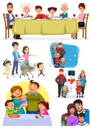 Various Family Scenes Including Dinner, Shopping, Winter Activities, and Portraits Free Vector