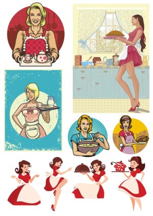 Vintage Style Housewife and Cooking Women Vector Set Free Vector