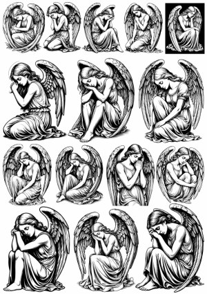 Collection of Detailed Black and White Angel Illustrations in Various Poses Free Vector