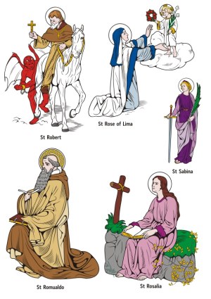 Illustrated Saints - St Robert, St Rose of Lima, St Sabina, St Romualdo, St Rosalia Free Vector