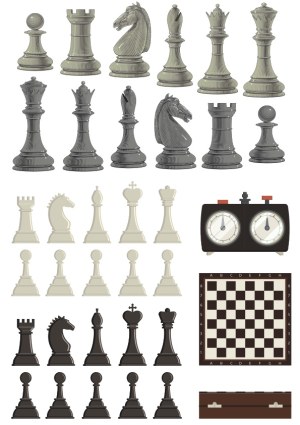 Detailed Vector Set of Chess Pieces, Board, Clock, and Case Free Vector