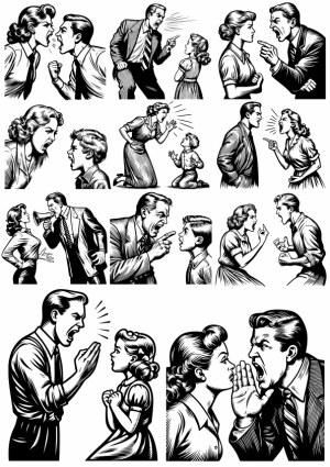 Vintage Style Black and White Illustrations of Angry Family Arguments Free Vector