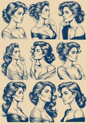 Set of Elegant Female Portraits in Vintage Style Free Vector