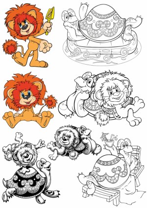 Cartoon Lion and Turtle Coloring and Full Color Vector Collection Free Vector